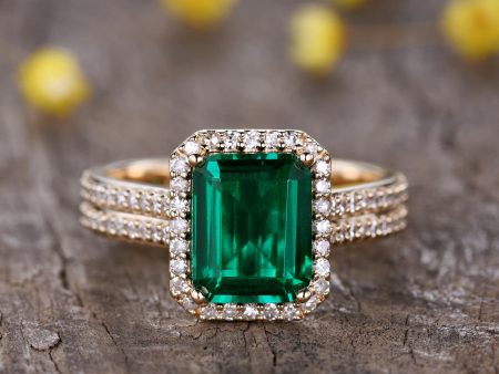 Yellow Gold Vintage 3.5 Carat Daimond Halo Emerald Engagement Ring 4mm Diamond Wedding Band Online