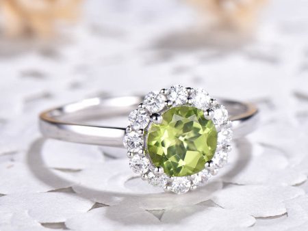 1 Carat Peridot Engagement Ring Floral Moissanite Halo Wedding Ring Vintage Romantic on Sale