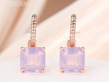 14K Rose Gold 8mm Ascher Lavender Amethyst Prong Drop Huggie Earrings with Rope Hoop For Sale