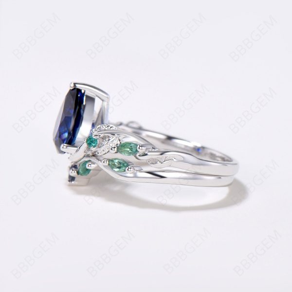 Nature Inspired Pear Blue Sapphire Ring Set Vintage Sapphire Emerald Bridal Ring Set Twig Leaf Vine Wedding Ring September Birthstone Jewelry Online now