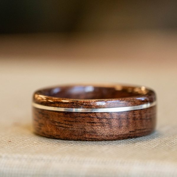 (In-Stock) Antique Walnut Wooden Ring w Offset Silver Inlay - Size 9.75 | 8mm Wide Supply