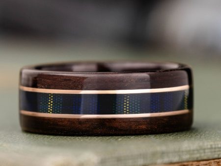 (In-Stock) The Gordon Clan Tartan | Men s Rosewood Wedding Band with Tartan & Dual 14k Rose Gold Inlay - Size 10.5 | 9mm Wide Sale