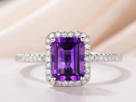 Natural 6x8mm Emerald Cut Amethyst Engagement Ring Diamond Wedding Ring 14k White Gold Halo Prong Set Supply