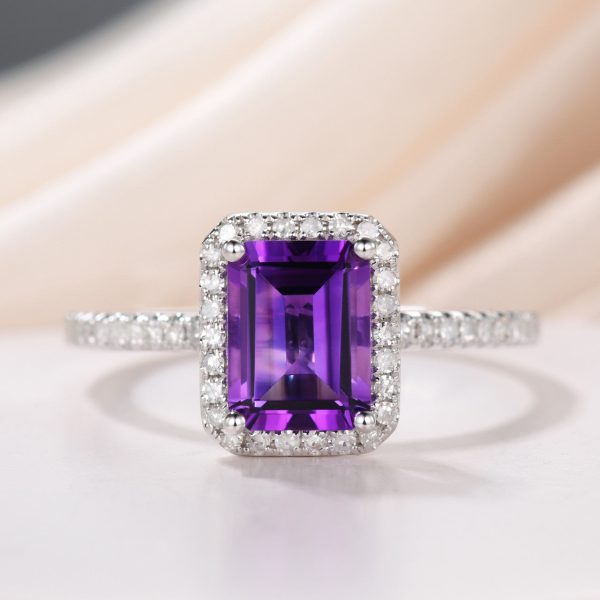 Natural 6x8mm Emerald Cut Amethyst Engagement Ring Diamond Wedding Ring 14k White Gold Halo Prong Set Supply