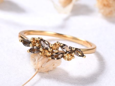 Unique Smoky Quartz Citrine Wedding Band Vintage Brown Gemstone Yellow Gold Ring For Discount