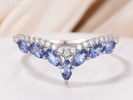 V Shaped Chervon Band in White Gold Marquise Tanzanite Moissanite Pave Stackable Band Online Hot Sale