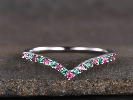 14K  18K Custom Pink Tourmaline  And Emerald White Gold Curved Wedding band Online now