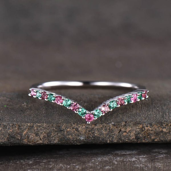 14K  18K Custom Pink Tourmaline  And Emerald White Gold Curved Wedding band Online now