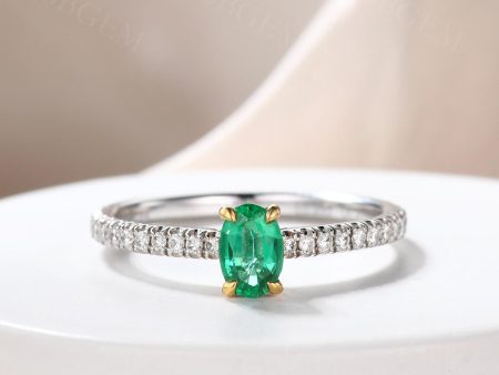 Cathedral Oval Solitaire Natural Emerald Wedding Ring Diamond Pave Band 18k on Sale