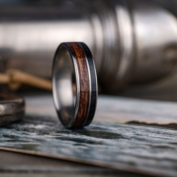 (In-Stock) Custom Men s Titanium Ring with Weathered Whiskey Barrel and Koa Wood - Size 13.75 | 7mm Wide Discount