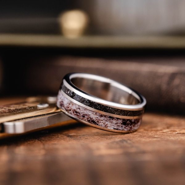 The Orion | Men s Gold Wedding Band with Meteorite & Elk Antler Sale