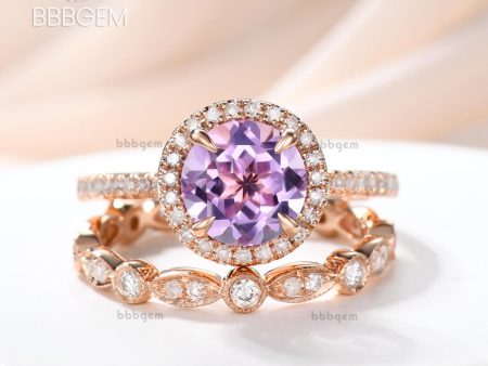 2pcs Round cut 7mm amethyst,bridal ring set,diamond engagement ring,solid 14k white gold,Stacking matching,marquise,Half eternity wedding on Sale