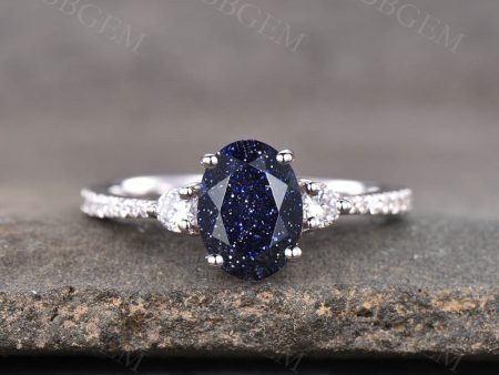 1.5 Carat Blue Sandstone Wedding Ring In White Gold Oval Cut Half Eternity Moissanite Stone Band Hot on Sale