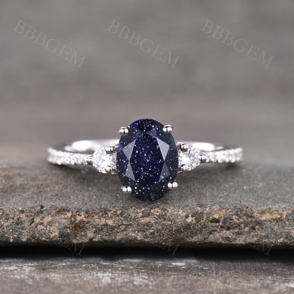 1.5 Carat Blue Sandstone Wedding Ring In White Gold Oval Cut Half Eternity Moissanite Stone Band Hot on Sale