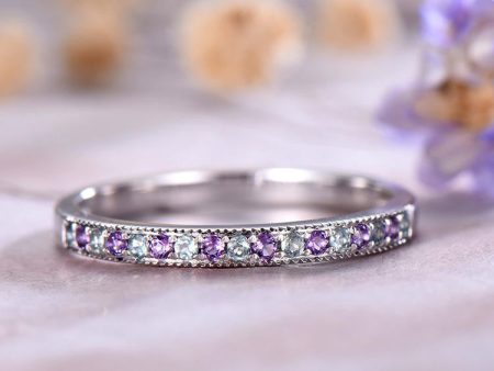 Alexandrite Wedding band,14k White Gold,Amethyst Wedding band,Anniversary ring,Promise ring,Half Eternity,Stackable,Pave Set,Gift for her Fashion