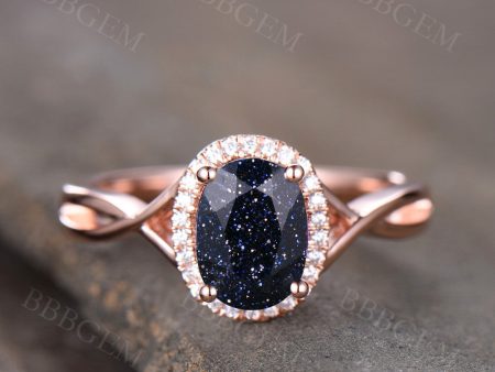 1.5CT Pink Gold Blue Sandstone Wedding Ring Diamond Halo Infinity Plain Gold Band Sale