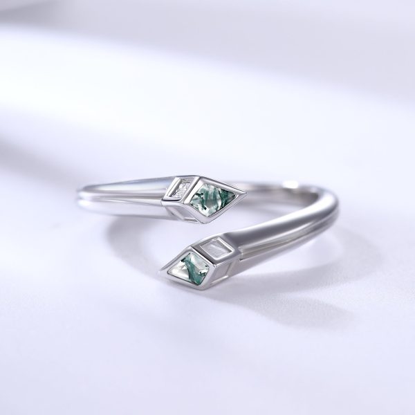 Unique Snake Kite Cut Moss Agate Wedding Band White Gold Adjustable Open Ring Online