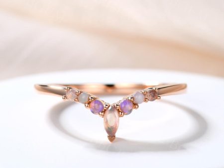 White Opal Curved Stackable Birthstone Band Pink Gold 18k Wedding Band Supply