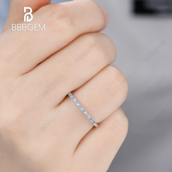 Blue Topaz and Diamond Wedding Rings 14k White Gold Thin Pave Half Eternity Band Anniversary Ring Online Hot Sale