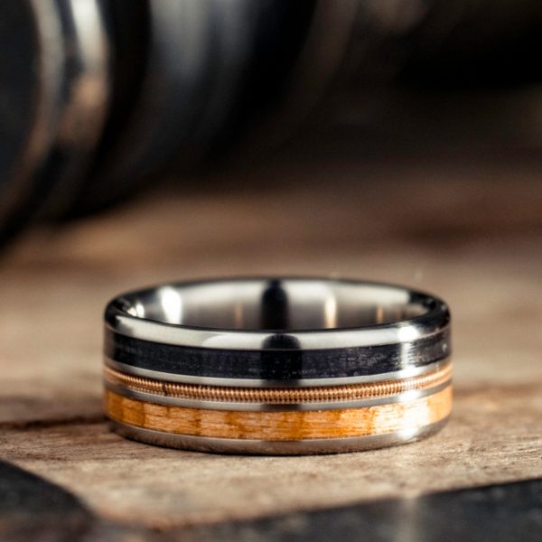 (In-Stock) Custom Men s Titanium Ring with Weathered Whiskey Barrel Wood, Guitar String & Airplane Propeller - Size 9.25 | 8mm Wide Online Sale