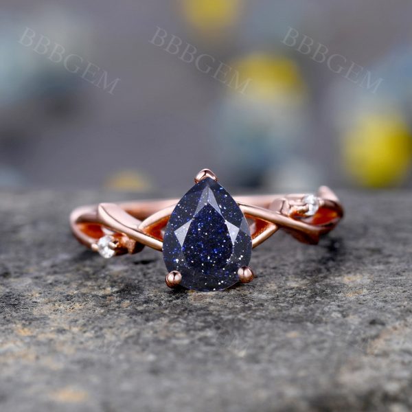 1.25ct Pear Cut Galaxy Blue Sandstone Wedding Ring In Pink Gold Twist Diamond Wedding Band Hot on Sale