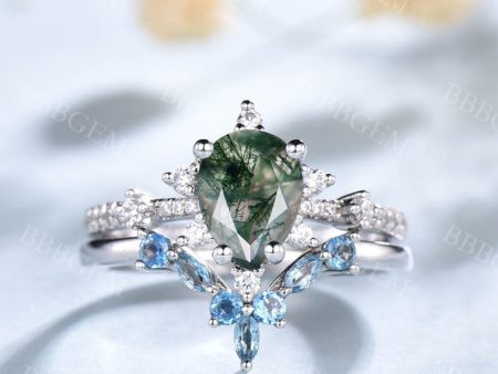 0.8CT Teardrop Moss Agate Engagement Ring Blue Topaz Stacking Band Cheap