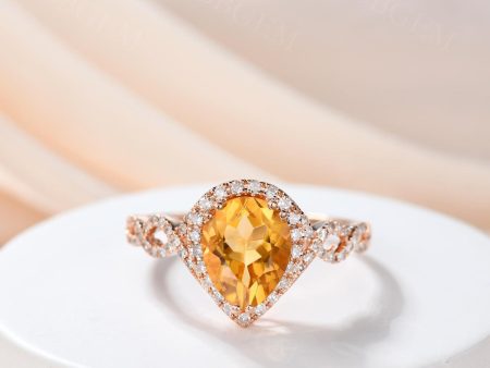 Yellow Citrine engagement ring-Solid 14k White gold-handmade diamond ring-Halo Pear cut citrine ring -6x9mm birthstone promise ring for her Online now