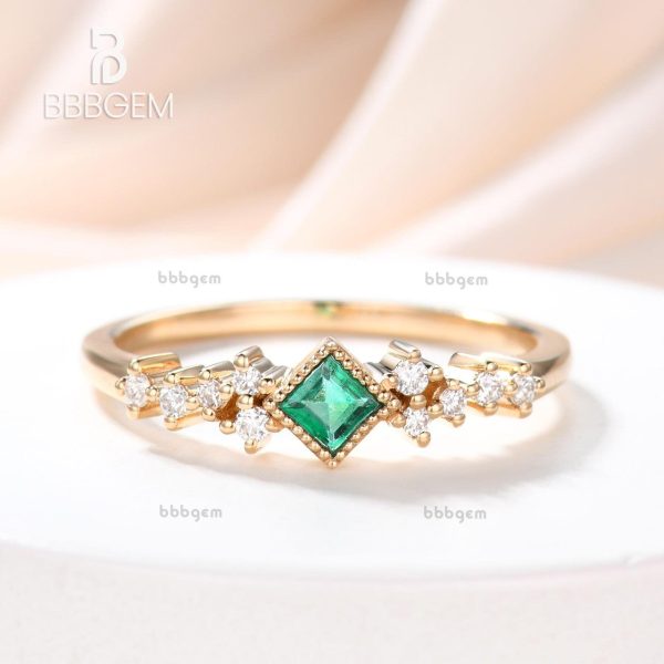 Mini Square Cut Emeral Ring Women 3.5mm Natural Emerald Jewelry White Gold Daily Ring Online Hot Sale