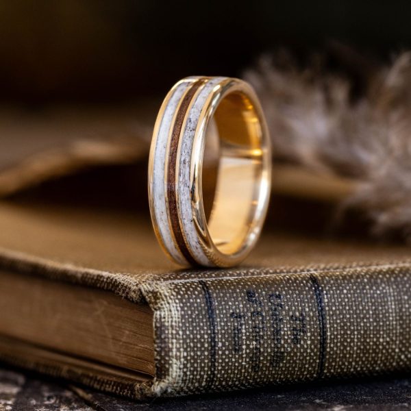 The Aspen | Men s Gold Wedding Band with Elk Antler & M1 Garand Rifle Stock Wood Cheap