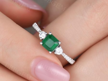 Natural Zambian Square Cut Emerald Diamond Platinum Ring Three Stone With Accented Diamond Fashion