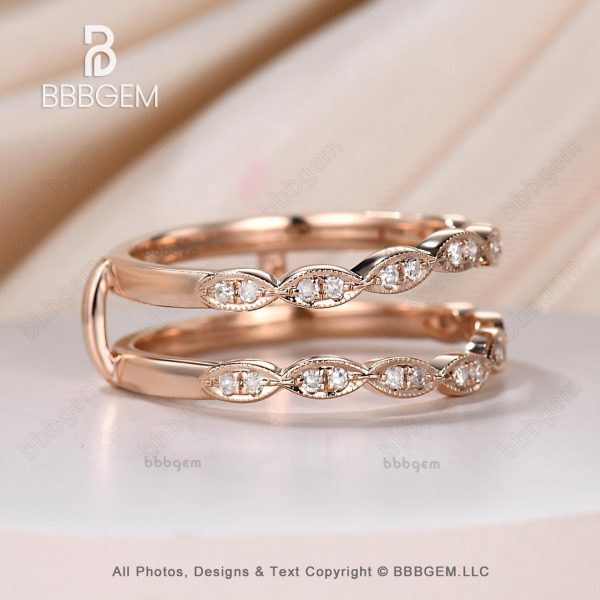 14K Rose Gold Plated Women Marquise Diamond  Enhancer Band Moissanite Double Wedding Stacking Band Wrap Band Ring Vintage on Sale