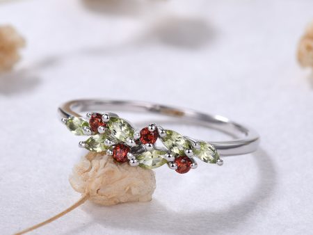 Birthstone Peridot Garnet Cluster Wedding Band White Gold Ring Multi-Color Band Hot on Sale