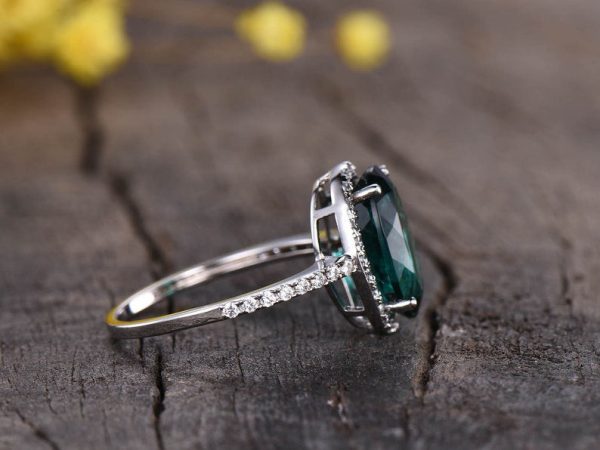 Vintage Emerald Wedding Ring With Diamond Halo 8x11 Oval Cut White Gold Half Eternity Diamond Band Online now