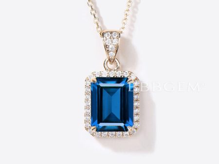 2CT Emerald Cut Blue Sapphire Necklace Halo Diamond Wedding Necklace Discount