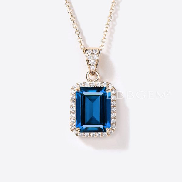 2CT Emerald Cut Blue Sapphire Necklace Halo Diamond Wedding Necklace Discount