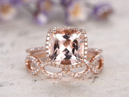 2pcs Cushion Morganite Engagement ring Set Infinity Diamond Wedding Ring For Discount