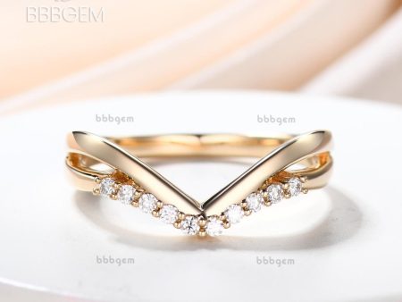 Curve Wedding Band for Women Rose Gold Art Deco V Shape Moissanite Wedding Matching Band Split Shank 14K 18K Stacking Ring Chevron Ring Discount