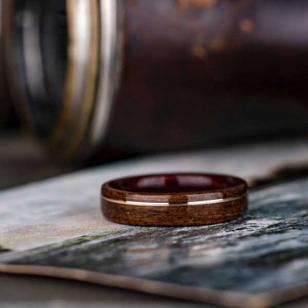 (In-Stock) The USS New Jersey - Bloodwood Edition | Men s Battleship Teak Wood Wedding Band with Bloodwood Liner & 14k Yellow Gold Offset Inlay - Size 8.5 | 5mm Wide Online Sale