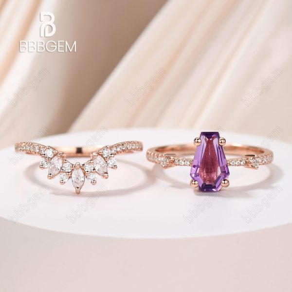 AAA Amethyst Coffin Wedding Rings Set for Women Purple Crystal Feb Birthstone Coffin Cocktail Ring Jewelry Fashion