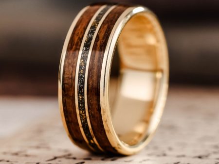 The Navigator | Men s Gold Wedding Band with Meteorite & USS New Jersey Battleship Teak Wood For Discount