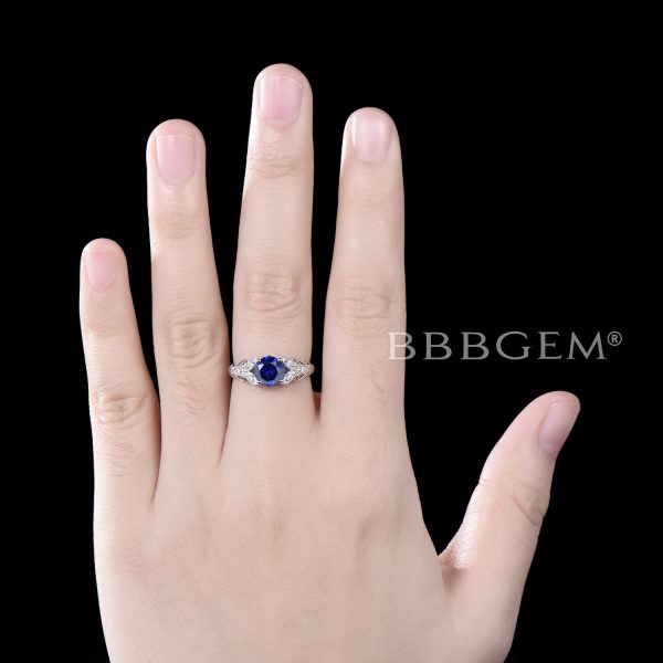 14K Gold Filigree Ring 1CT Round Blue Sapphire Engagement Ring Cheap