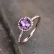 Natural 7mm Round Cut Amethyst Engagement Ring Diamond Wedding Ring 14k Rose Gold Halo Prong Set Online Hot Sale