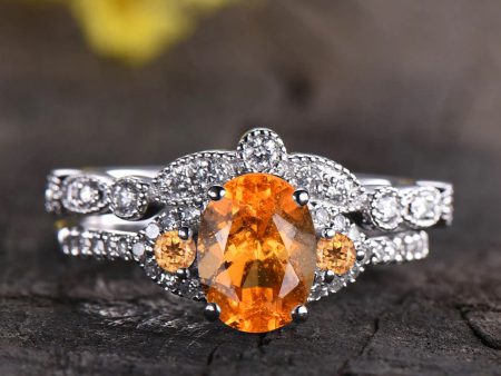 6x8mm Oval Cut Spessartite Garnet Bridal Set Rose Gold Diamond Orange Garnet Wedding Band Sale