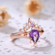 Natural Amethyst Purple Crystal Ring Set 2 Pieces Pear Cut Shaped Band Wedding Ring For Cheap