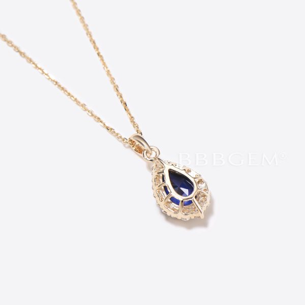 Pear Shaped Blue Sapphire Necklace 14k Gold Halo Diamond Charm Pendant Online now