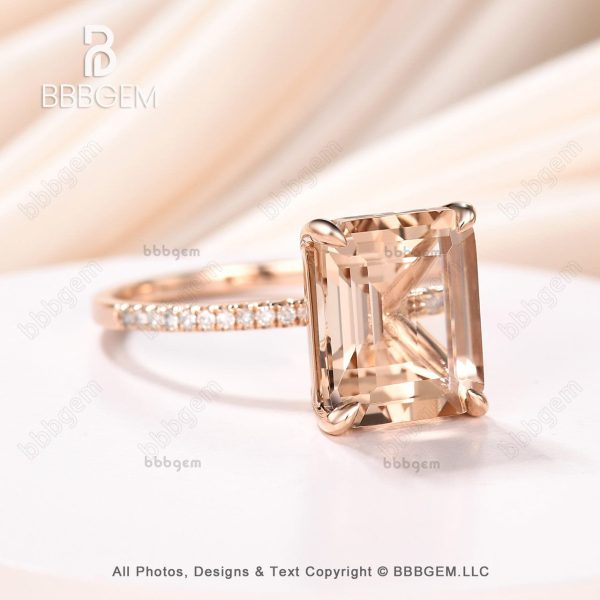 9x11mm 5 Carat Emerald Cut Morganite Engagement Ring Rose Gold Accent Diamonds Online Sale