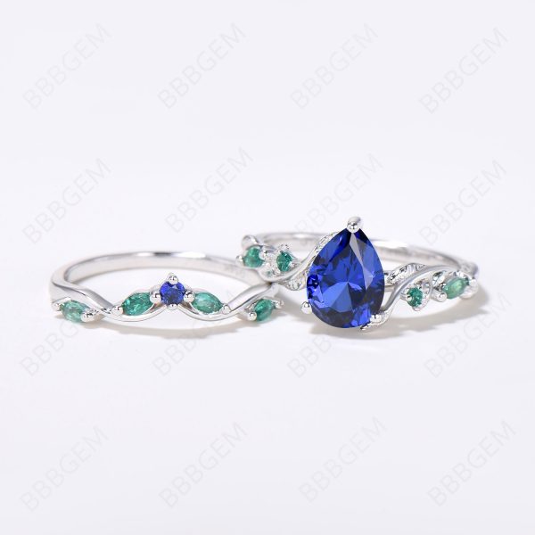 Nature Inspired Pear Blue Sapphire Ring Set Vintage Sapphire Emerald Bridal Ring Set Twig Leaf Vine Wedding Ring September Birthstone Jewelry Online now