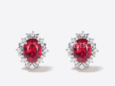 1.5CT Oval Cut Red Ruby Stud Earrings 14k White Gold Halo Diamond Earrings For Sale