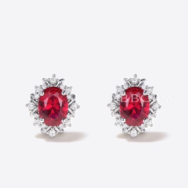 1.5CT Oval Cut Red Ruby Stud Earrings 14k White Gold Halo Diamond Earrings For Sale