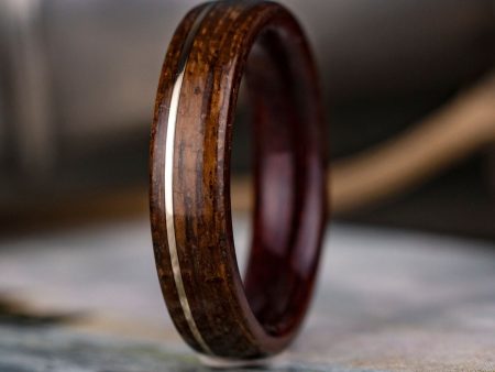 (In-Stock) The USS New Jersey - Bloodwood Edition | Men s Battleship Teak Wood Wedding Band with Bloodwood Liner & 14k Yellow Gold Offset Inlay - Size 8.5 | 5mm Wide Online Sale